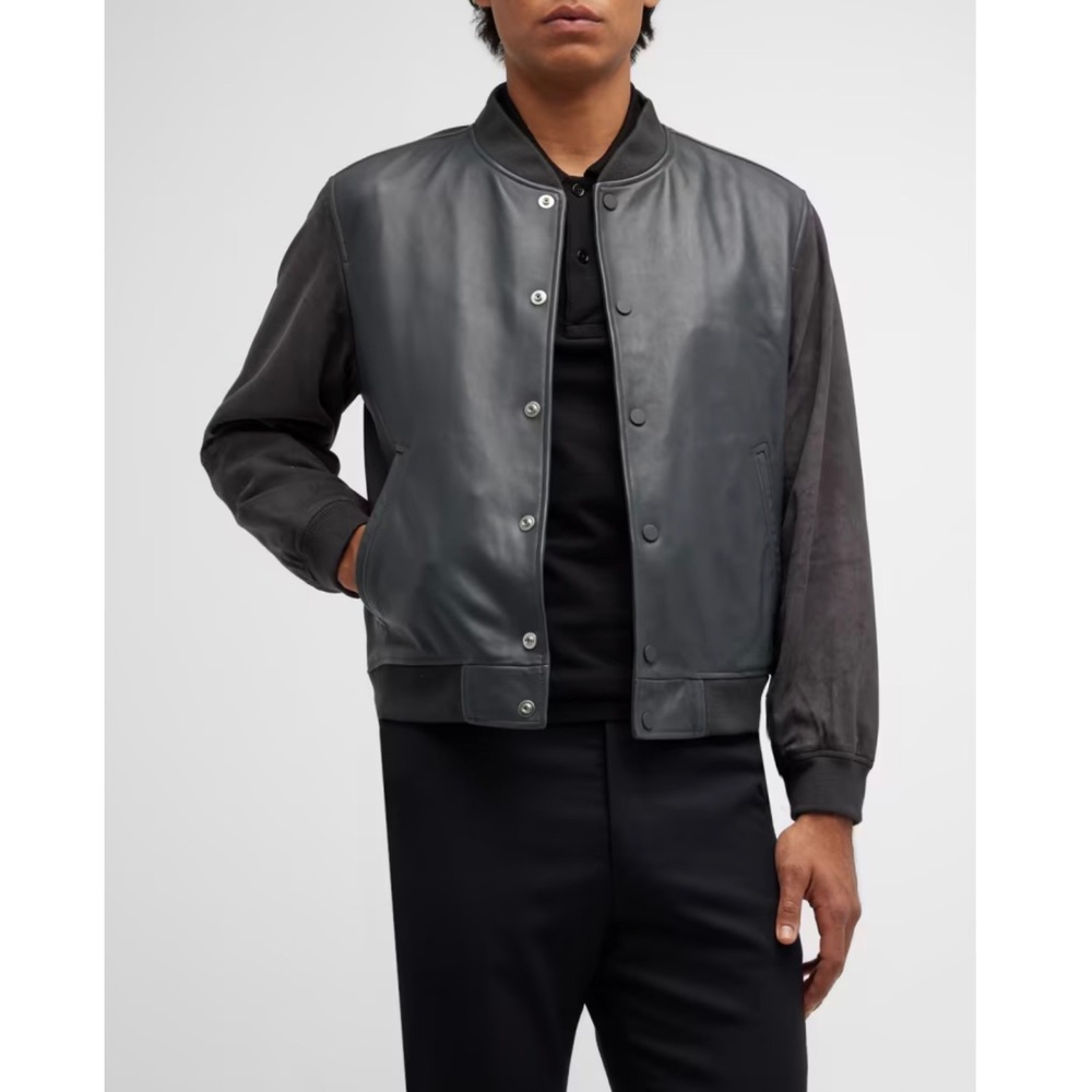 Theory Mens Lamb Leather Suede Varsity Jacket Grey Brown Bomber L M1070402
